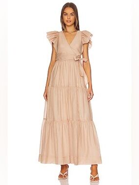 Jonathan Simkhai Banks Flutter Sleeve Tiered Maxi Dress Oat Beige Taffeta 4 NWT